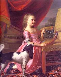young lady with a bird and dog - oil on canvas -