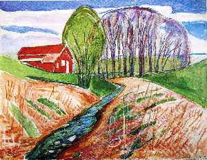 Springtime landscape with red house