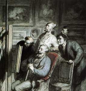 Frequentation dans l'atelier d'un pittore , crayon noir plume aquarelle gouache Visiteurs dans le atelier d'un peintre