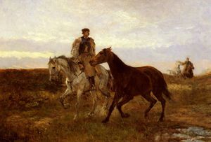 führt die Pferde zu Hause bei Sonnenuntergang