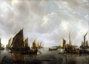Une scène de la rivière avec des bateaux hollandais Becalmed