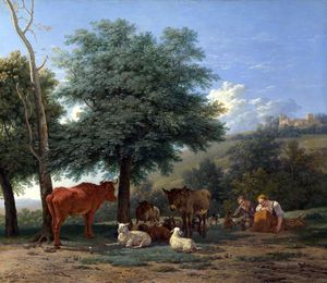 Tiere auf dem Bauernhof mit einem Jungen und Hirtin