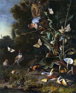 Vögel, Schmetterlinge und ein Frosch unter den Pflanzen und Pilze