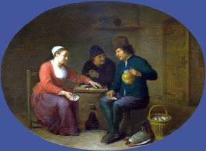 una mujer de juego  tarjetas  enestado  dos  campesinos