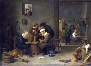 Due uomini giocano a carte in cucina di una locanda