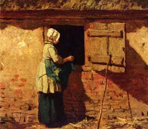 农民 女人  通过  一个  谷仓