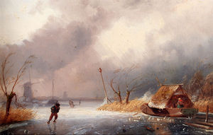 A paesaggio invernale con pattinatori su un congelata waterway
