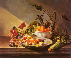 un natura morta con frutta e verdura su un tavolo