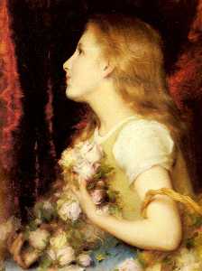 un jeune fille avec  une  panier  de  fleurs
