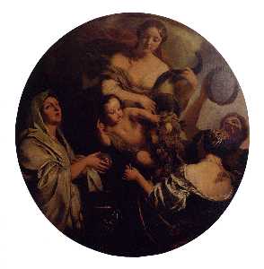 Alegoría con un  infantil  rodeado  apropósito  mujeres