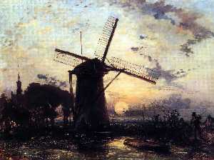 Boatman par un Windmill at Sundown
