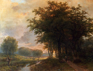 Un valle del río arbolada con campesinos en un camino