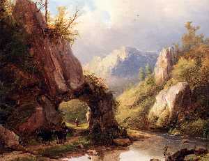 Bernhard una montaña valle con un campesinas y ganado pasando a lo largo a arroyo