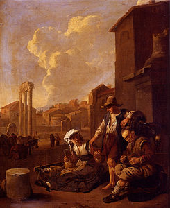 Peasant family having bread and wine