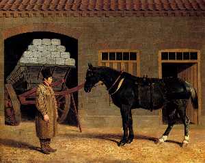 a cart horse and driver outside a stable