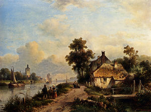 A summer landscape with figures along a waterway