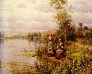 land Frauen  sich sehnen  Fischen  auf  Ein  Sommer  nachmittag