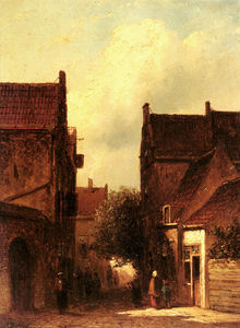 Petrus garardus street scene with figures possibly rotterdam