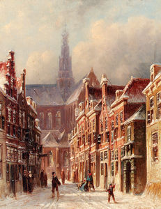 Petrus Gerardus Une rue enneigée avec Le Saint-Bavon de Haarlem-delà