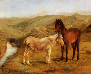 A horse and donkeys in a hilly landscape