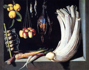 Still life with dead birds fruit and vegetables
