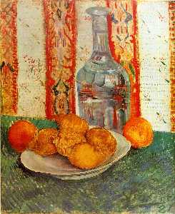 Still life with decanter and lemon on a plate