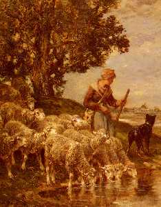一个 shepardess 浇水 她的羊群