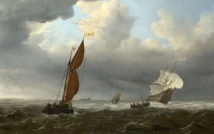 Una nave olandese e altre piccole imbarcazioni in una forte brezza