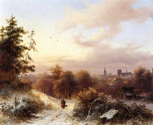 Winter - A Peasant on a Path in a Wooded Landscape - a Town in the Background