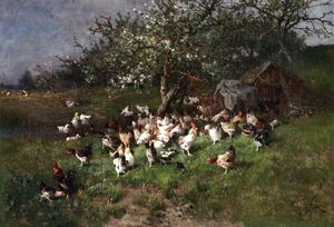 Spring - Chickens under Flowering Apple Trees