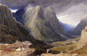 Cabras en un afloramiento rocoso por encima de una cañada Highland