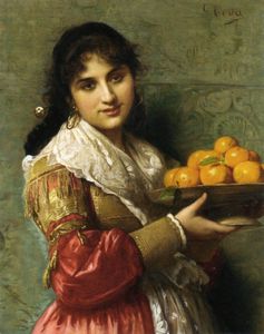 ein junger italienisch schönheit mit ein Platte von Orangen