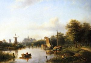 A View of the River Spaarne - Haarlem - with Moored Shipping a....ch in the Background