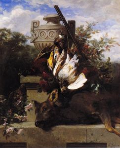 Still Life with Game and a Rifle on a Marble Ledge with an U.... a Flowery Landscape