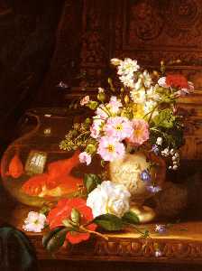 Still Life With Camellias - Primroses And Lily Of The Valley ....n By A Goldfish Bowl