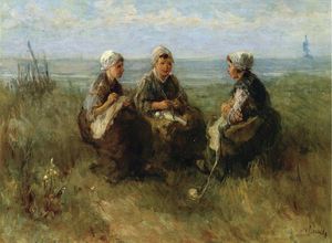三 女性たち 編み物  で  ザー  海