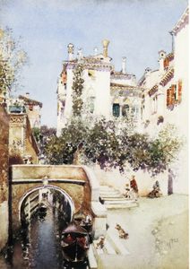 Ladies in a Flowering Courtyard near a Canal - Venice
