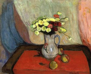 Vase of Flowers with Three Apples