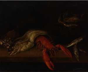 A lobster, a basket of fish, a crab, a cod and other fish on a ledge