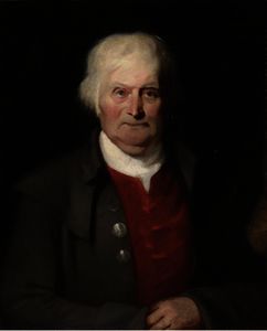Portrait of a gentleman, three-quarter-length, in a red shirt and grey coat