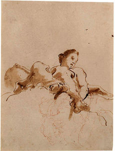 A seated female figure holding a globe, seen from below