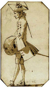 Caricature of a cavalier in profile to the left holding a muff