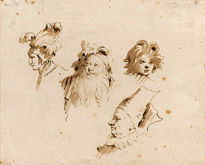 Studies of heads of orientals, one wearing a plumed hat, a boy and a punchinello
