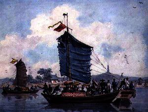 Chinese river scene with Junks under sail