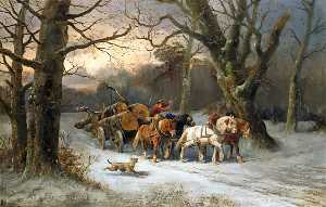 Horses Pulling a Log Cart in a Winter Landscape