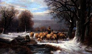 Shepherdess with her Flock in a Winter Landscape