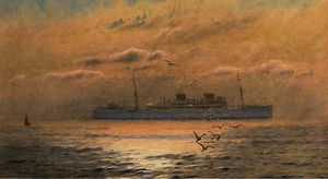 A union castle liner in coastal waters at dusk