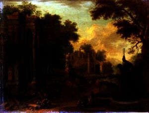 Wooded landscape with travellers resting by classical ruins (one of a pair
