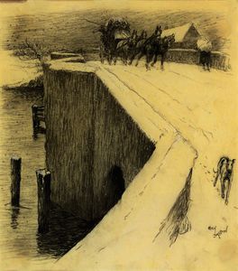 驿马车 过境  一个  雪  覆盖  桥