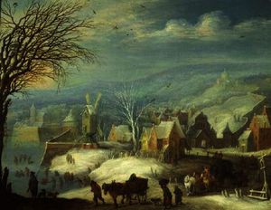 paesaggio invernale con  numerose  figure
